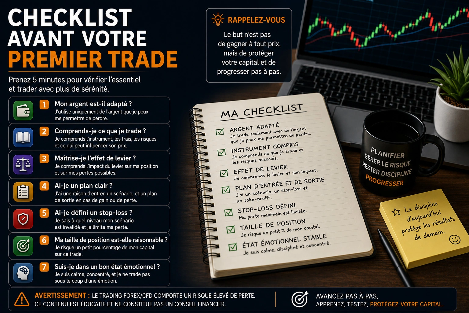 Trader débutant qui vérifie une checklist avant son premier trade