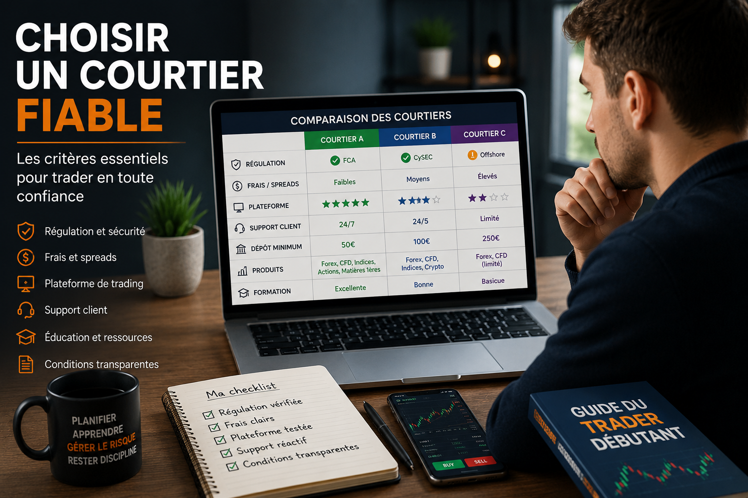 Trader débutant qui compare plusieurs critères pour choisir un courtier fiable