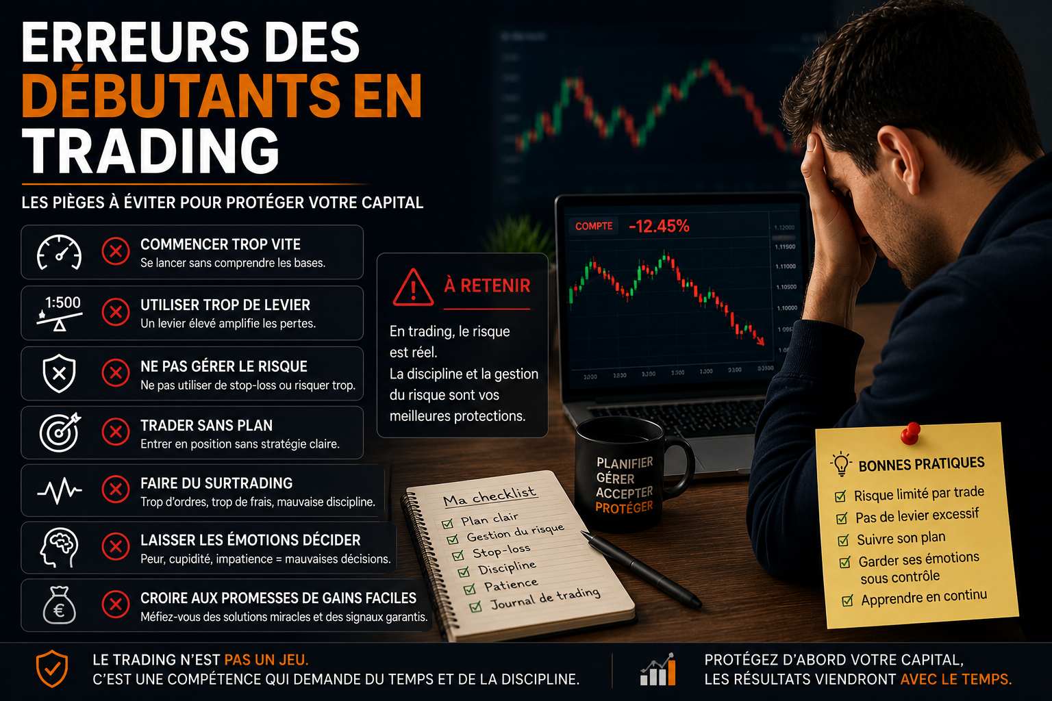 Trader débutant qui analyse ses erreurs de trading et apprend à mieux gérer le risque