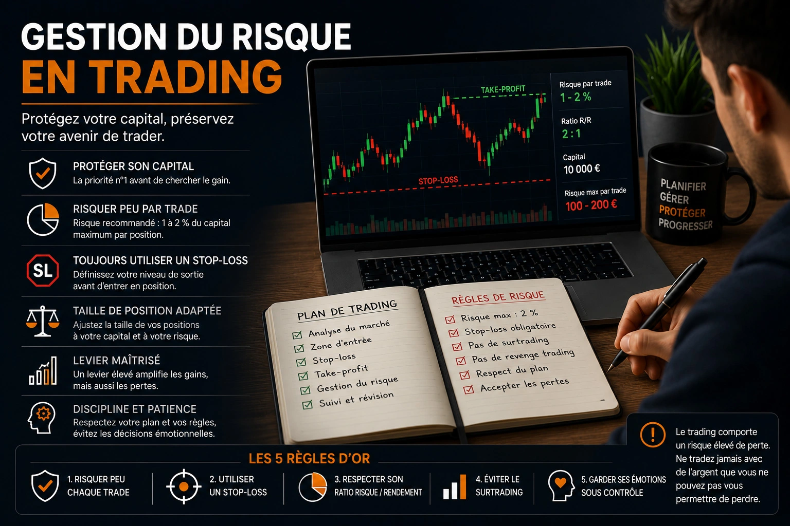 Trader débutant qui apprend la gestion du risque en trading avec un plan clair